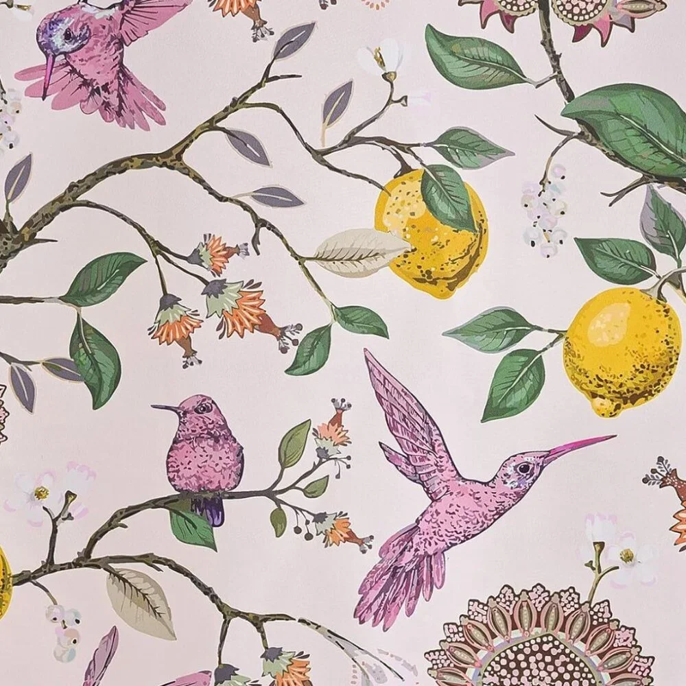 Floral Lemon Hummingbird Curtains Patterned Waverly Mid-Century Style